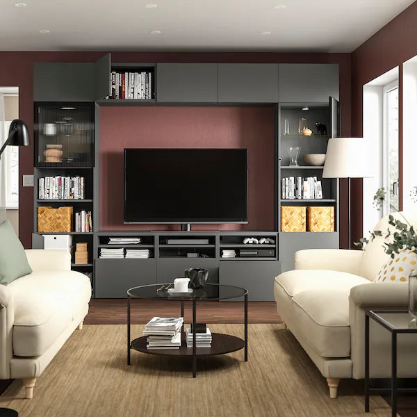 IKEA BESTÅ TV storage combination/glass doors, dark gray Lappviken/Fällsvik anthracite, 118 1/8x16 1/2x91 "