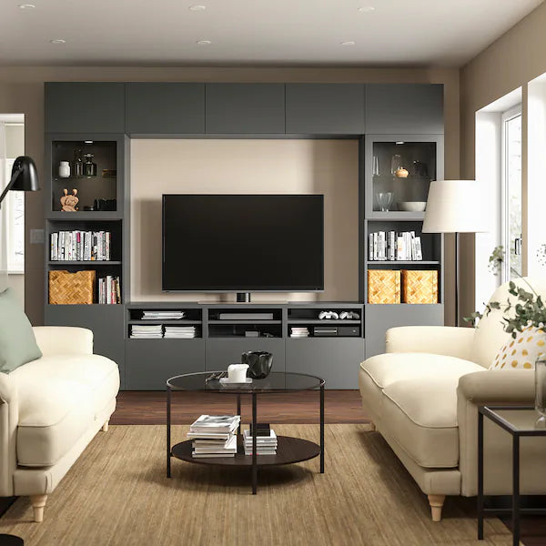 IKEA BESTÅ TV storage combination/glass doors, dark gray Lappviken/Sindvik dark gray, 118 1/8x16 1/2x91 "