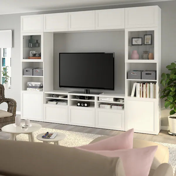 IKEA BESTÅ TV storage combination/glass doors, white/Hanviken white clear glass, 118 1/8x16 1/2x91 "