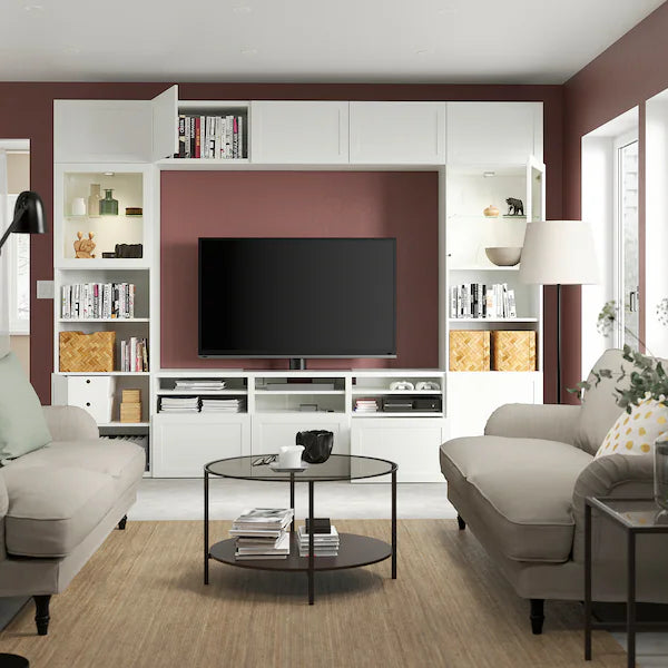 IKEA BESTÅ TV storage combination/glass doors, white/Hanviken white clear glass, 118 1/8x16 1/2x91 "