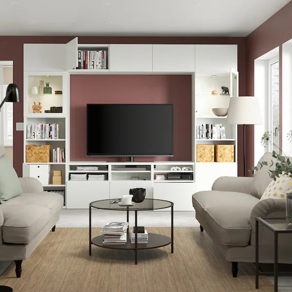 IKEA BESTÅ TV storage combination/glass doors, white/Lappviken white clear glass, 118 1/8x16 1/2x91 "