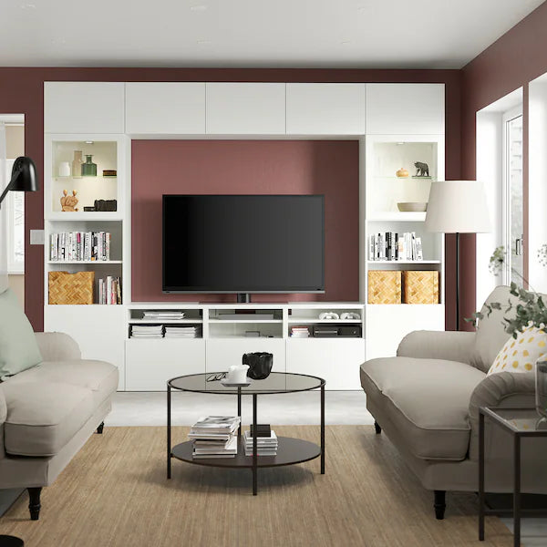 IKEA BESTÅ TV storage combination/glass doors, white/Lappviken white clear glass, 118 1/8x16 1/2x91 "