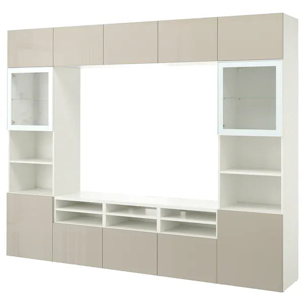 IKEA BESTÅ TV storage combination/glass doors, white/Selsviken high gloss/beige clear glass, 118 1/8x16 1/2x91 "