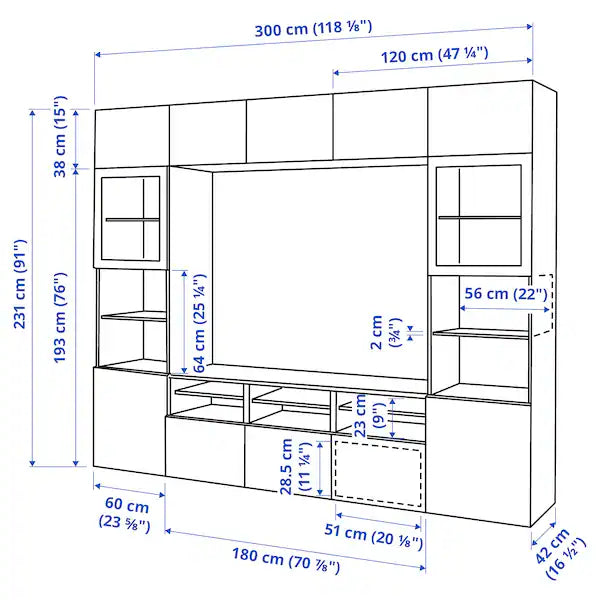 IKEA BESTÅ TV storage combination/glass doors, white/Selsviken high gloss/beige frosted glass, 118 1/8x16 1/2x91 "