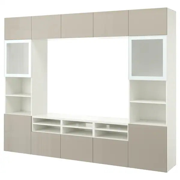 IKEA BESTÅ TV storage combination/glass doors, white/Selsviken high gloss/beige frosted glass, 118 1/8x16 1/2x91 "