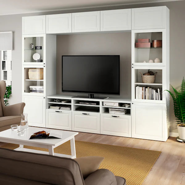 IKEA BESTÅ TV storage combination/glass doors, white Smeviken/Ostvik white clear glass, 118 1/8x16 1/2x91 "