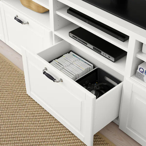 IKEA BESTÅ TV storage combination/glass doors, white Smeviken/Ostvik white clear glass, 118 1/8x16 1/2x91 "