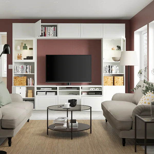 IKEA BESTÅ TV storage combination/glass doors, white Smeviken/Ostvik white clear glass, 118 1/8x16 1/2x91 "