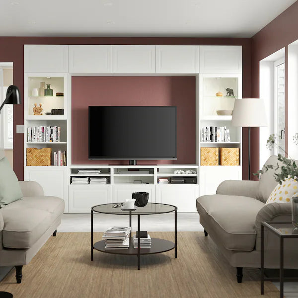 IKEA BESTÅ TV storage combination/glass doors, white Smeviken/Ostvik white clear glass, 118 1/8x16 1/2x91 "