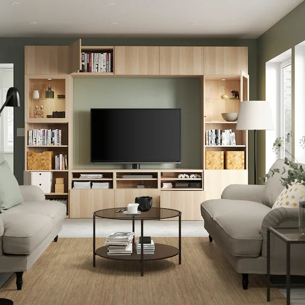 IKEA BESTÅ TV storage combination/glass doors, white stained oak effect/Lappviken wht stained oak effect clear glass, 118 1/8x16 1/2x91 "