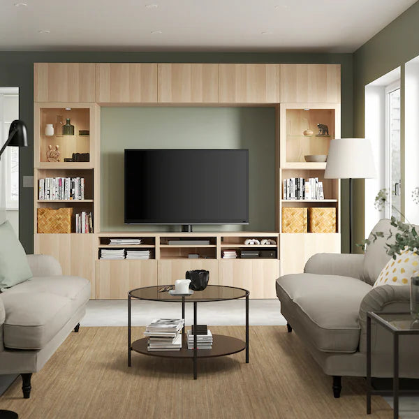 IKEA BESTÅ TV storage combination/glass doors, white stained oak effect/Lappviken wht stained oak effect clear glass, 118 1/8x16 1/2x91 "