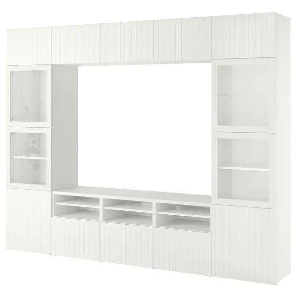 IKEA BESTÅ TV storage combination/glass doors, white Sutterviken/Sindvik white clear glass, 118 1/8x16 1/2x91 "