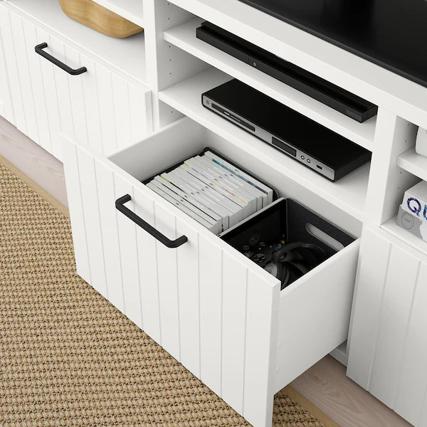 IKEA BESTÅ TV storage combination/glass doors, white Sutterviken/Sindvik white clear glass, 118 1/8x16 1/2x91 "