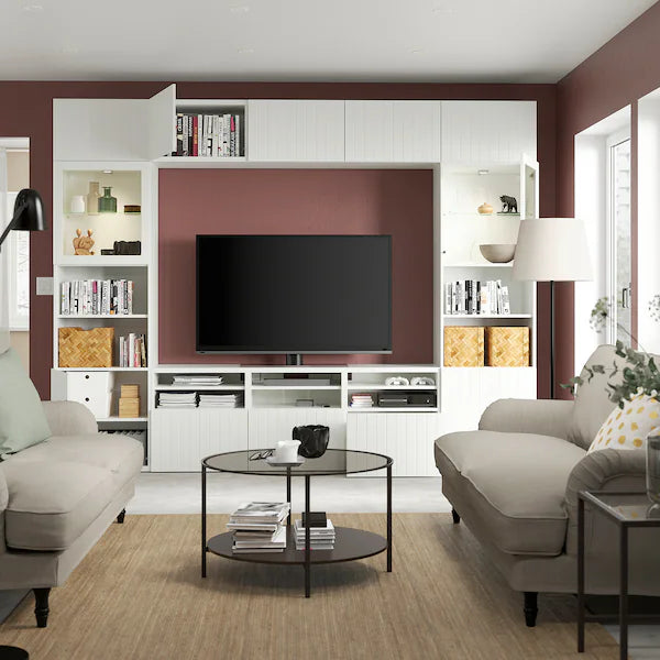 IKEA BESTÅ TV storage combination/glass doors, white Sutterviken/Sindvik white clear glass, 118 1/8x16 1/2x91 "