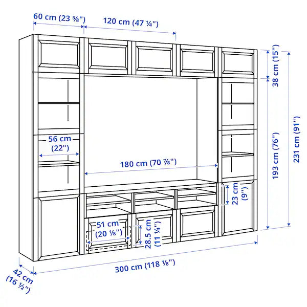 IKEA BESTÅ TV storage combination/glass doors, white Sutterviken/Sindvik white clear glass, 118 1/8x16 1/2x91 "