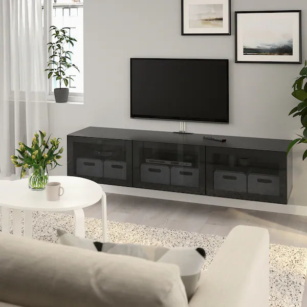 IKEA BESTÅ TV unit with doors, black-brown/Glassvik smoked glass, 70 7/8x16 1/2x15 "