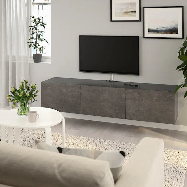 IKEABESTÅ TV unit with doors, black-brown/Kallviken concrete effect, 70 7/8x16 1/2x15 "