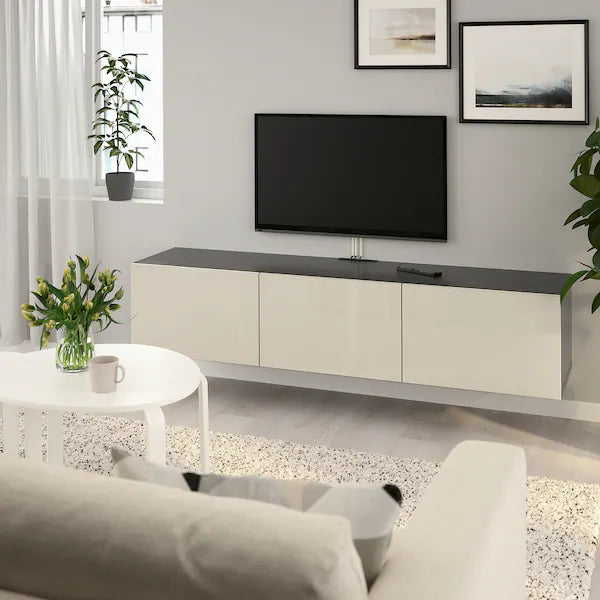 IKEA BESTÅ TV unit with doors, black-brown/Selsviken high-gloss/beige, 70 7/8x16 1/2x15 "