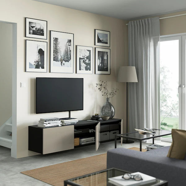 IKEA BESTÅ TV unit with doors, black-brown/Selsviken high-gloss/beige, 70 7/8x16 1/2x15 "