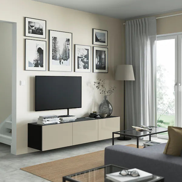 IKEA BESTÅ TV unit with doors, black-brown/Selsviken high-gloss/beige, 70 7/8x16 1/2x15 "