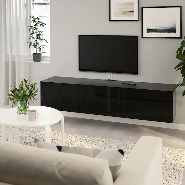IKEA BESTÅ TV unit with doors, black-brown/Selsviken high-gloss/black, 70 7/8x16 1/2x15 "