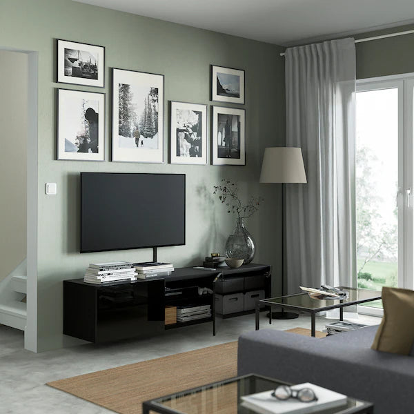 IKEA BESTÅ TV unit with doors, black-brown/Selsviken high-gloss/black, 70 7/8x16 1/2x15 "