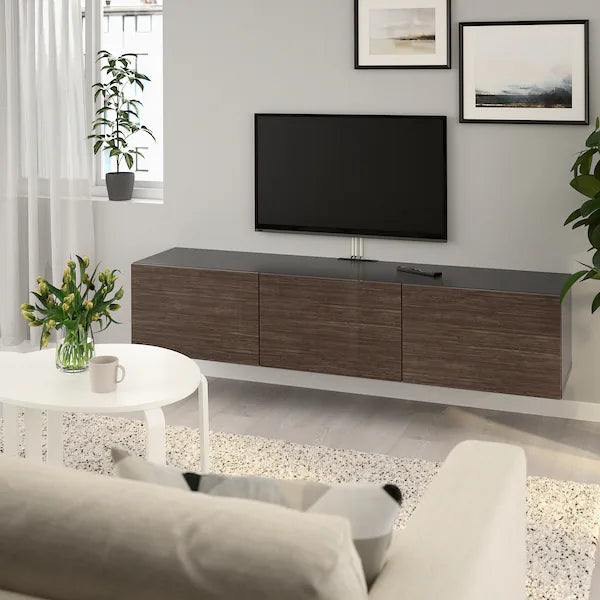 IKEA BESTÅ TV unit with doors, black-brown/Selsviken high-gloss/brown, 70 7/8x16 1/2x15 "