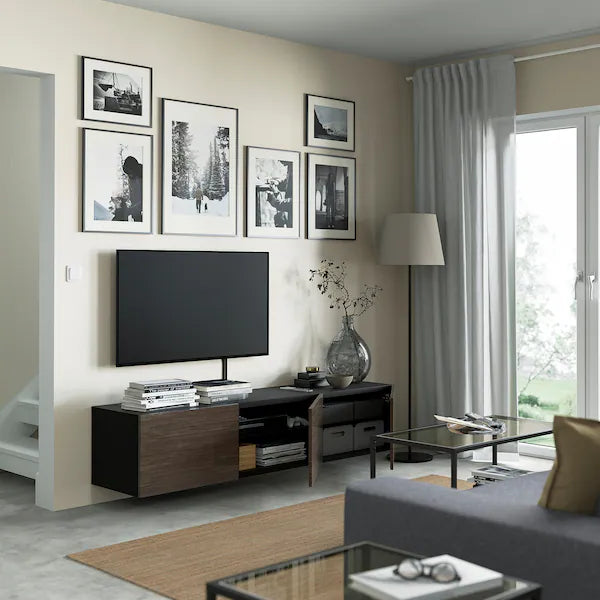 IKEA BESTÅ TV unit with doors, black-brown/Selsviken high-gloss/brown, 70 7/8x16 1/2x15 "