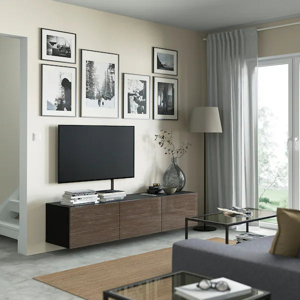 IKEA BESTÅ TV unit with doors, black-brown/Selsviken high-gloss/brown, 70 7/8x16 1/2x15 "