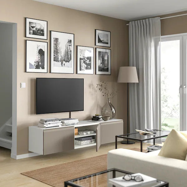 IKEA BESTÅ TV unit with doors, white/Hammarsmed beige, 70 7/8x16 1/2x15 "