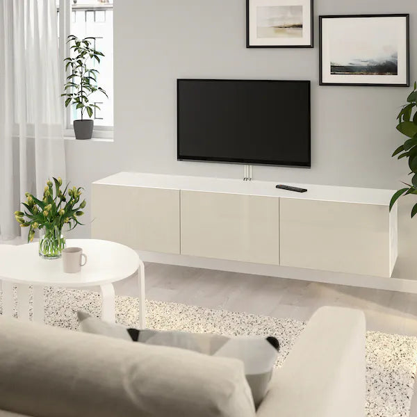 IKEA BESTÅ TV unit with doors, white/Selsviken high-gloss/beige, 70 7/8x16 1/2x15 "