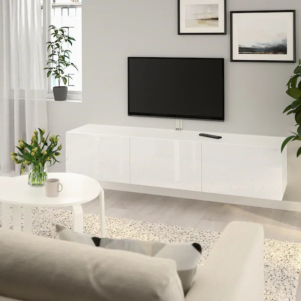 IKEA BESTÅ TV unit with doors, white/Selsviken high-gloss/white, 70 7/8x16 1/2x15 "