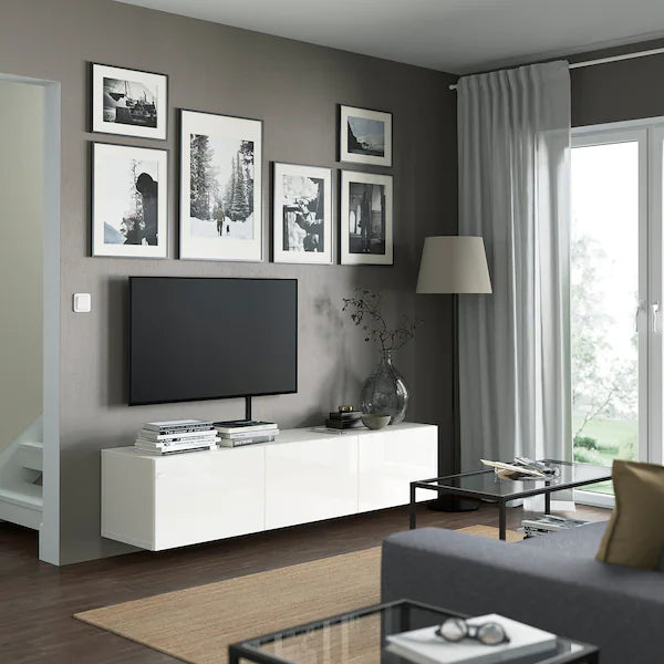 IKEA BESTÅ TV unit with doors, white/Selsviken high-gloss/white, 70 7/8x16 1/2x15 "