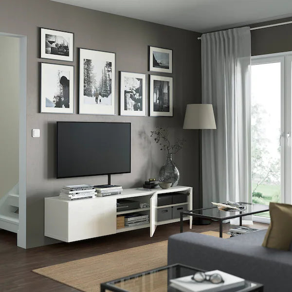 IKEA BESTÅ TV unit with doors, white/Selsviken high-gloss/white, 70 7/8x16 1/2x15 "
