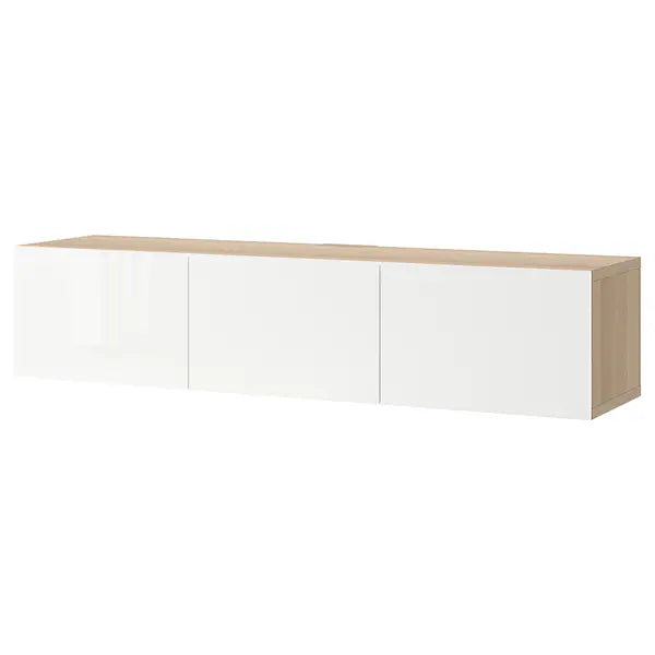 IKEA BESTÅ TV unit with doors, white stained oak effect/Selsviken high-gloss/white, 70 7/8x16 1/2x15 "