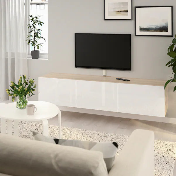 IKEA BESTÅ TV unit with doors, white stained oak effect/Selsviken high-gloss/white, 70 7/8x16 1/2x15 "