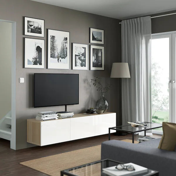 IKEA BESTÅ TV unit with doors, white stained oak effect/Selsviken high-gloss/white, 70 7/8x16 1/2x15 "