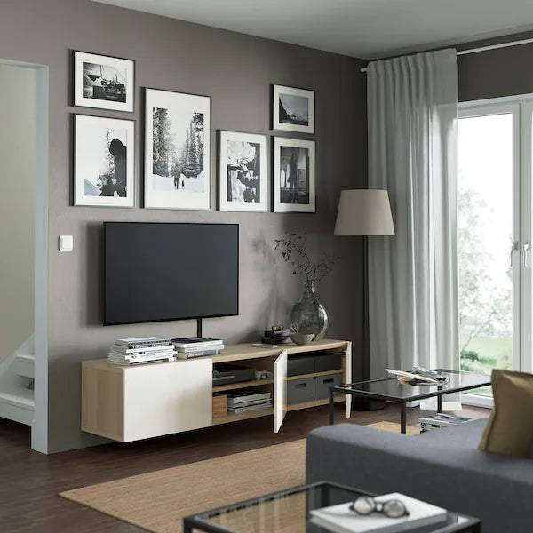 IKEA BESTÅ TV unit with doors, white stained oak effect/Selsviken high-gloss/white, 70 7/8x16 1/2x15 "