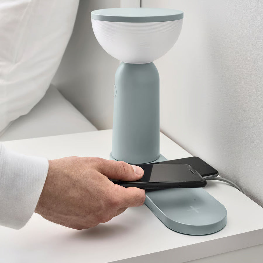 IKEA BETTORP LED mobile lamp w wireless charging, dimmable light gray-blue