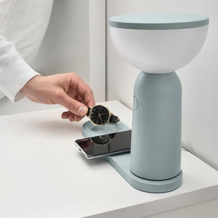 IKEA BETTORP LED mobile lamp w wireless charging, dimmable light gray-blue