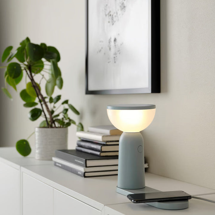 IKEA BETTORP LED mobile lamp w wireless charging, dimmable light gray-blue