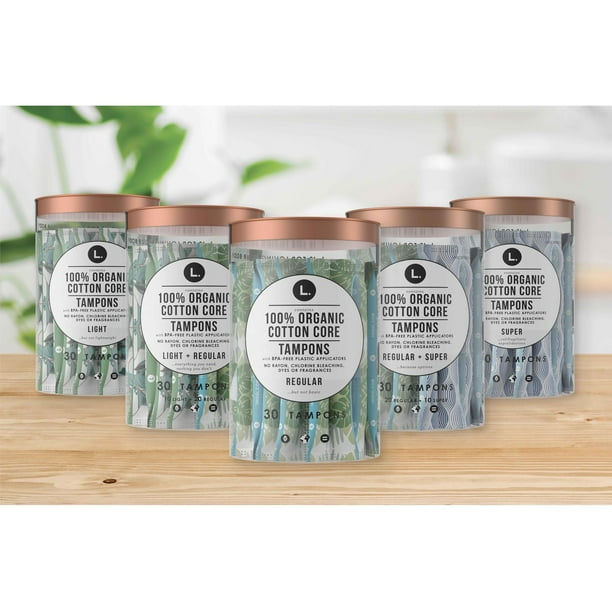 L. Cotton Tampons Regular/Super Absorbency Multipack, Free from Chlorine Bleaching, Pesticides, Fragrances, or Dyes, 30CT