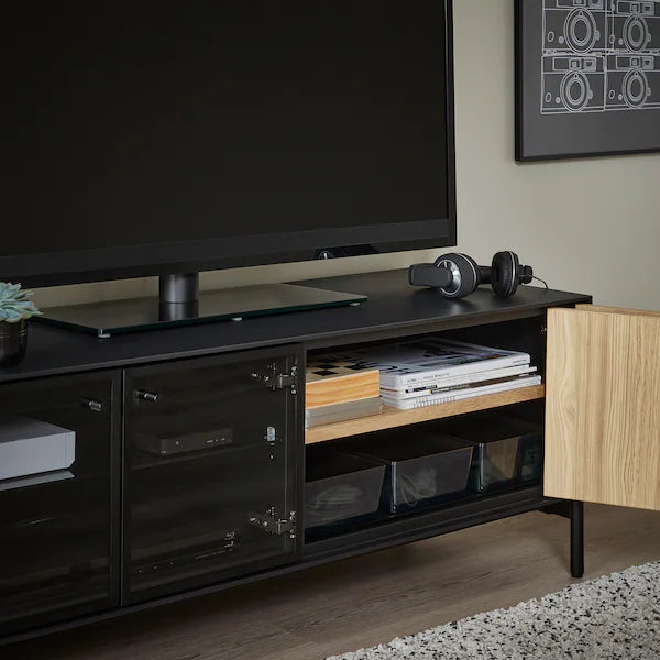 IKEA BOASTAD TV storage combination, black/oak veneer, 64 1/8x16 5/8x72 7/8 "