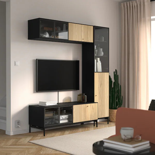 IKEA BOASTAD TV storage combination, black/oak veneer, 64 1/8x16 5/8x72 7/8 "