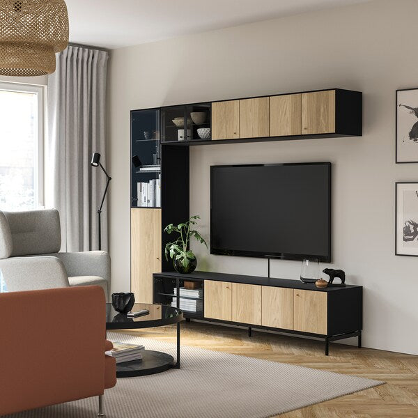 IKEA BOASTAD TV storage combination, black/oak veneer, 87 3/4x16 5/8x72 7/8 "