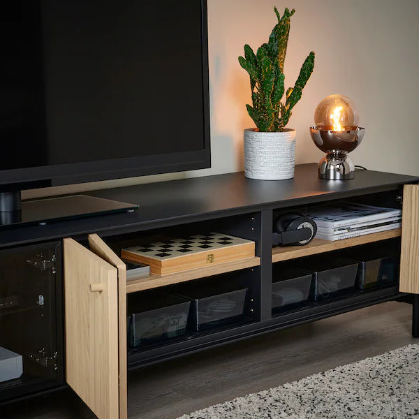 IKEA BOASTAD TV storage combination, black/oak veneer, 87 3/4x16 5/8x72 7/8 "