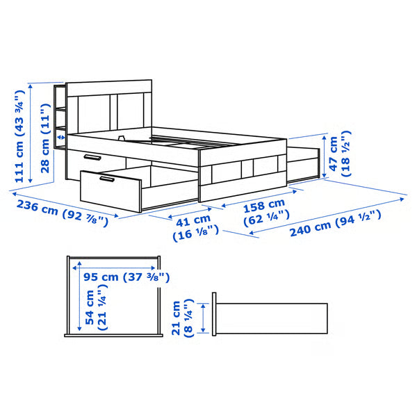 IKEA BRIMNES Bed frame with storage & headboard, black/Luröy, Queen