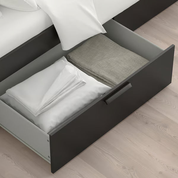 IKEA BRIMNES Bed frame with storage & headboard, black/Luröy, Queen