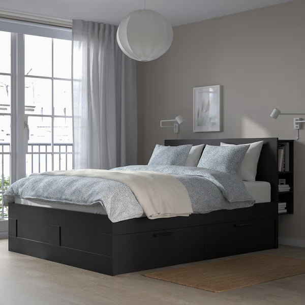 IKEA BRIMNES Bed frame with storage & headboard, black/Luröy, Queen