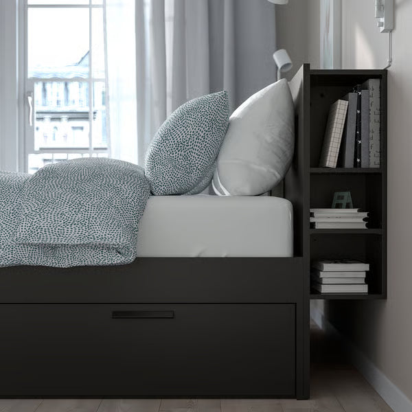 IKEA BRIMNES Bed frame with storage & headboard, black/Luröy, Queen
